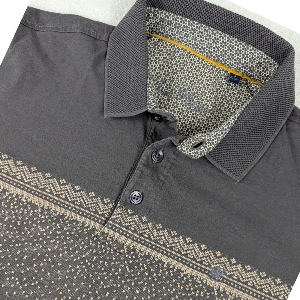 Louis Philippe Mens Charcoal Gray Geometric Print Polo Shirt Small Short Sleeve